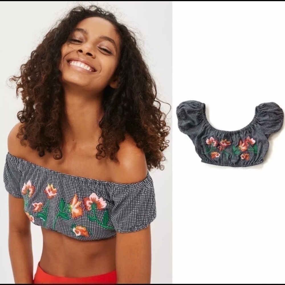 Topshop Black Gingham Crop Top Embroidered Flowers